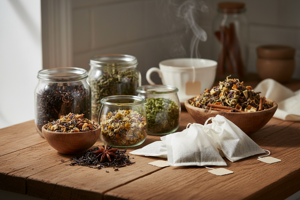 Azielco_loose leaf tea and teabags on a wooden table table