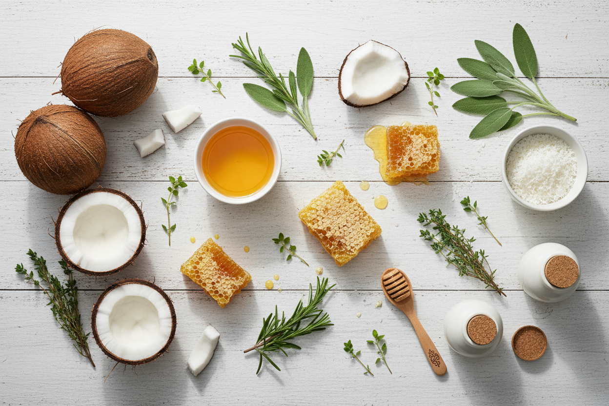 COCONUTS, BEESWAX, AND HERBS ON A WHITE WOOD BACKGROUND
