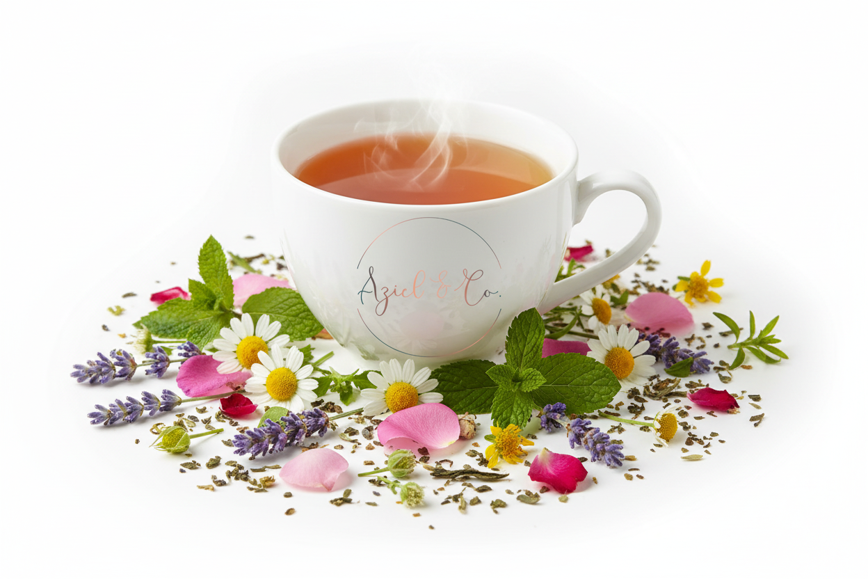 AzielCo. cup of tea with the aziel ans co logo on it, then scatter beneath the cup herbs and flowers on a white background
