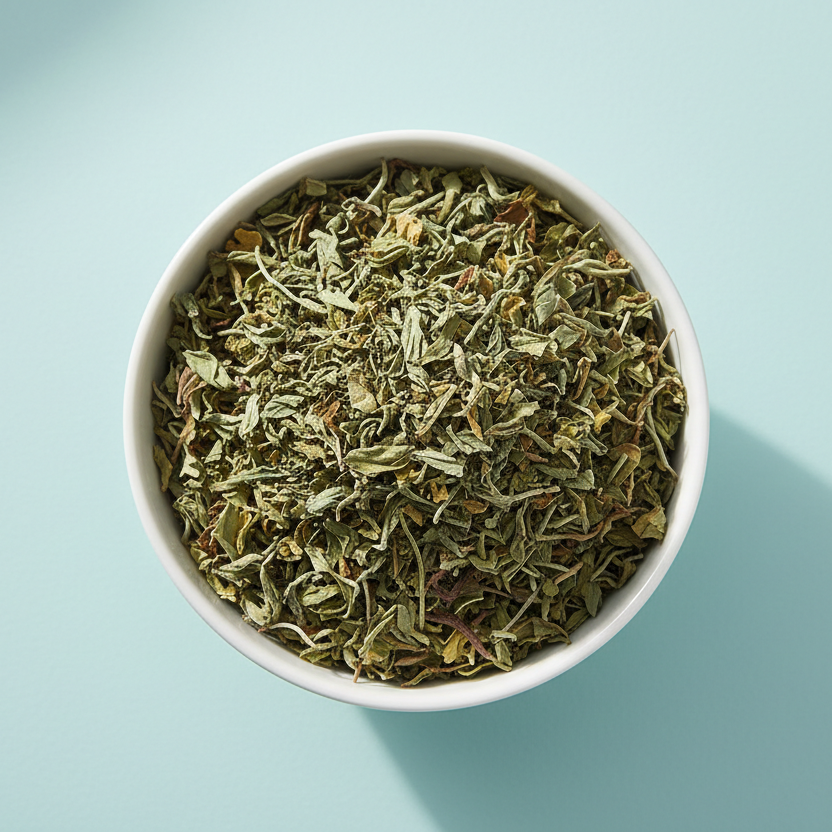 AzielCo. dried organic spearmint tea in a white bowl with a pale duck egg blue background