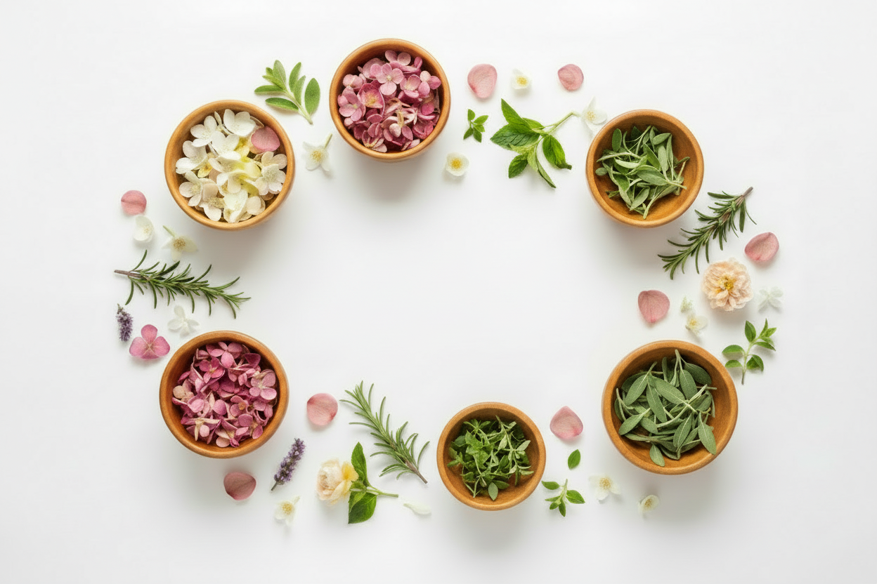 AzielCo. Five wooden bowls filled with various herbs and flowers arranged in a circular pattern on a white background.