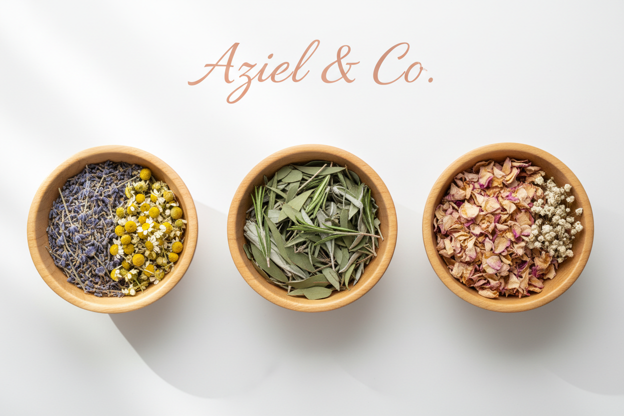 AzielCo. home page banner of light wooden colour bowls filled of herbs and dried flowers on a white back ground with  the wording Aziel & Co. at the top of the image in same colour font as our logo rose gold.