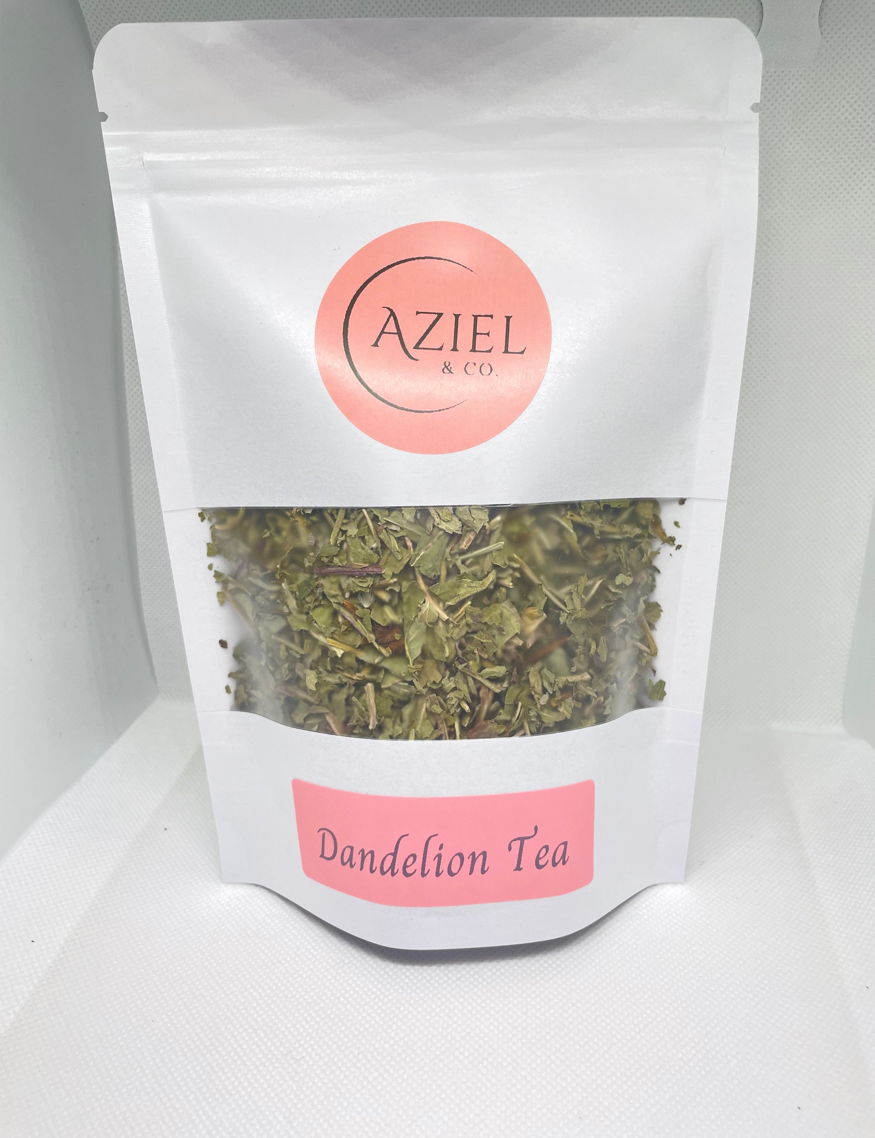 Package of dandelion tea with 'AzielCo' branding on a white background