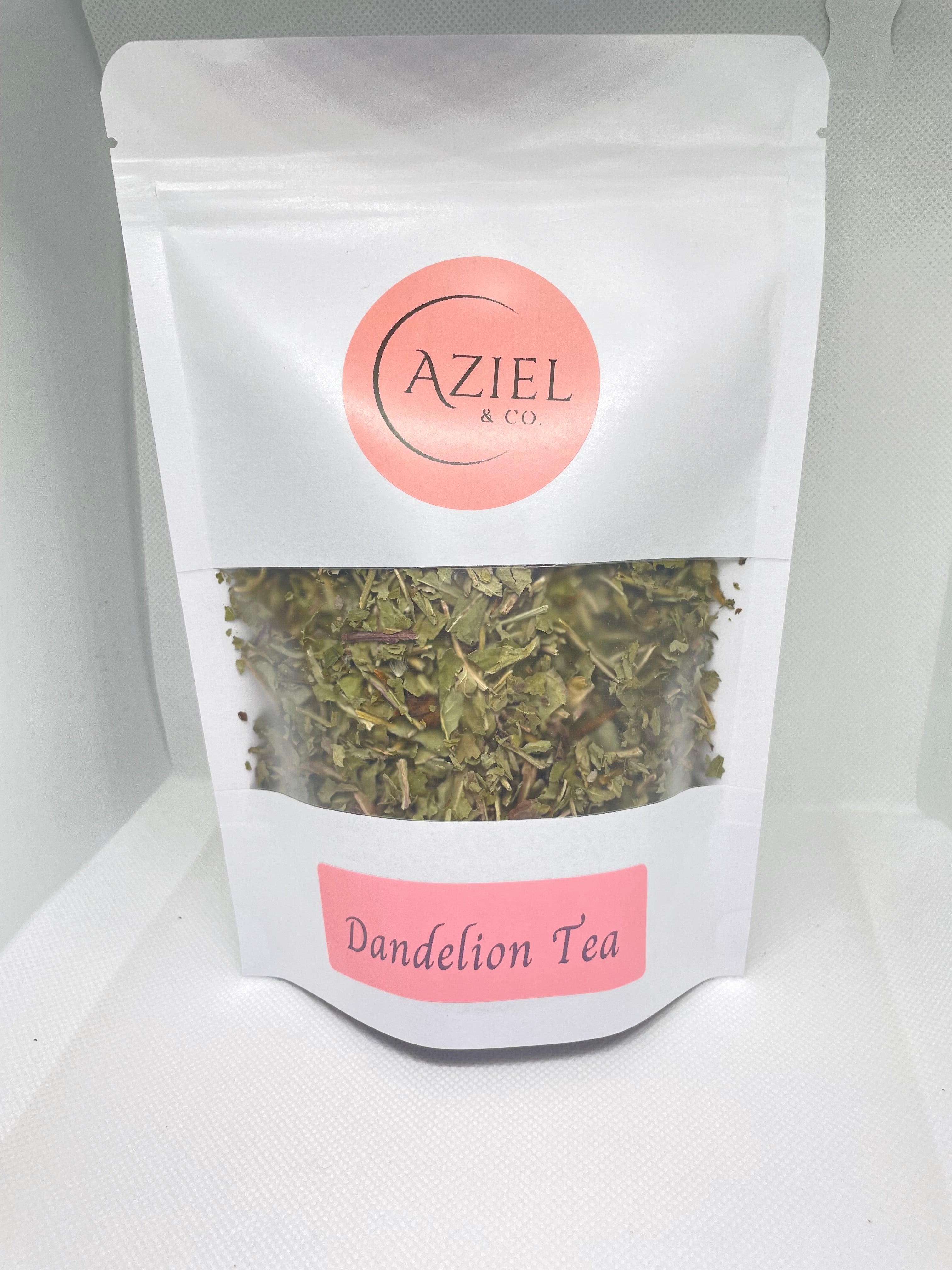 Package of dandelion tea with 'AzielCo' branding on a white background
