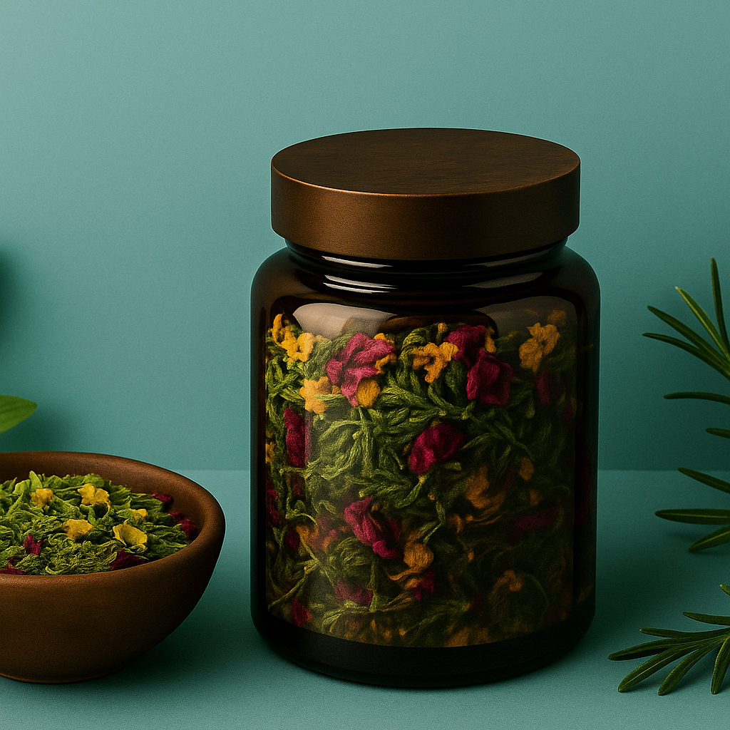 AzielCo Jar of dried herbs with a brown lid on a teal background