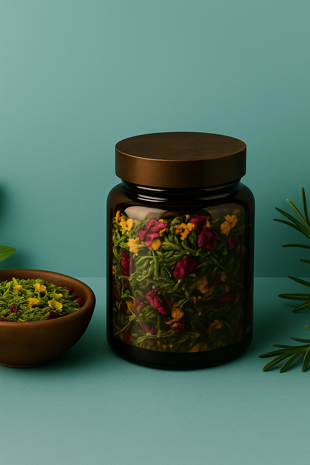 AzielCo Jar of dried herbs with a brown lid on a teal background