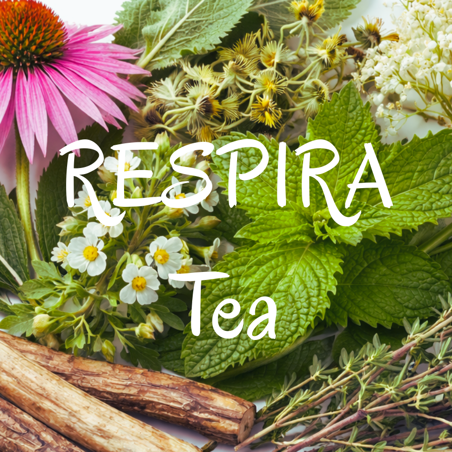 Herbal tea ingredients with flowers and leaves on a white background, featuring the brand 'Aziel&Co-Respira Tea'.