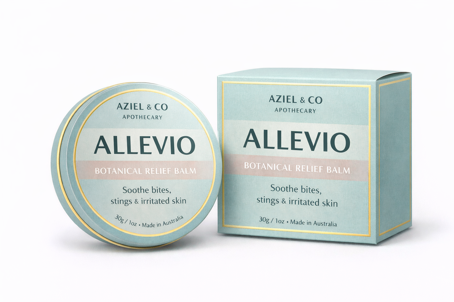 Aziel & Co Apothecary Allevio Botanical Relief Balm with packaging on a white background