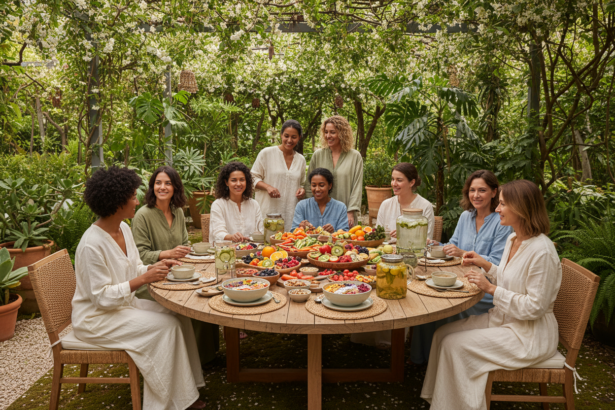 group of women having a tea party with health food on the table in a very organic surroundings 